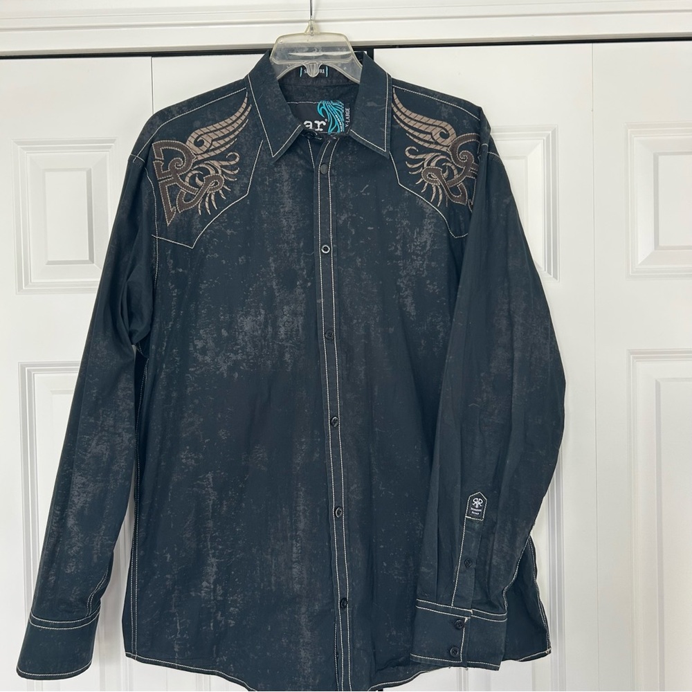Roar Black Western Shirt with Brown/Tan Embroidered Design Men’s XL Gorgeous